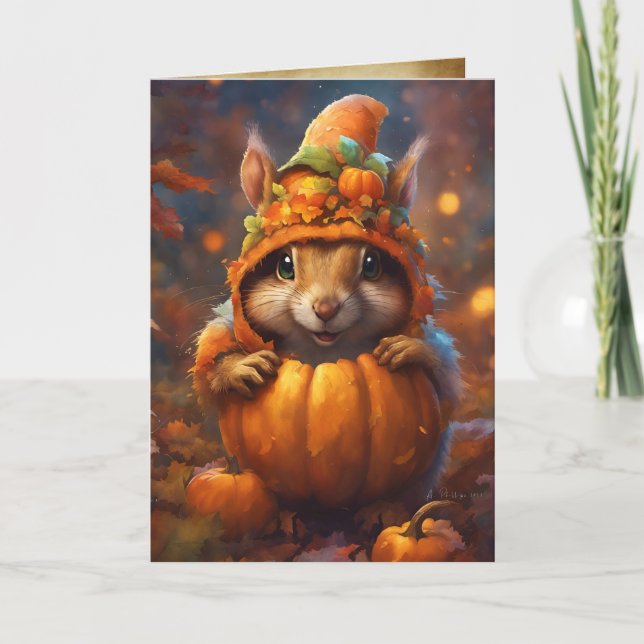 Autumn Pumkin Squirrel, Happy Halloween Cute Card (Front)