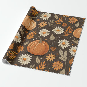 Autumn Pumpkin and Daisy Floral Pattern Wrapping Paper