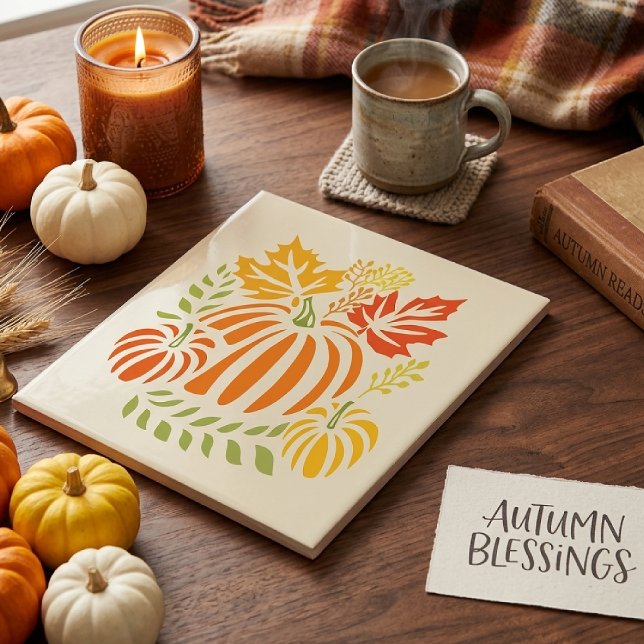 Autumn Pumpkin And Falling Leaves Ceramic Tile (Creator Uploaded)