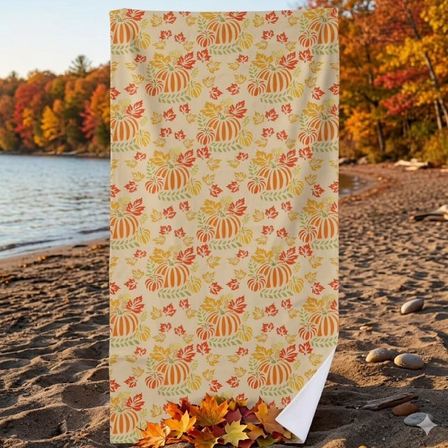 Autumn Pumpkin And Falling Leaves Seamless Pattern Beach Towel (Creator Uploaded)