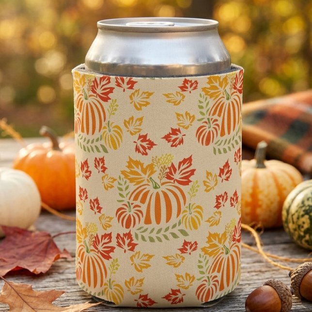 Autumn Pumpkin And Falling Leaves Seamless Pattern Can Cooler (Creator Uploaded)