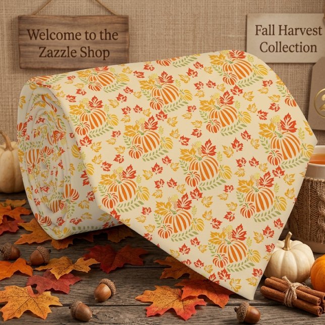 Autumn Pumpkin And Falling Leaves Seamless Pattern Tie (Creator Uploaded)