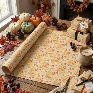 Autumn Pumpkin And Falling Leaves Seamless Pattern Wrapping Paper