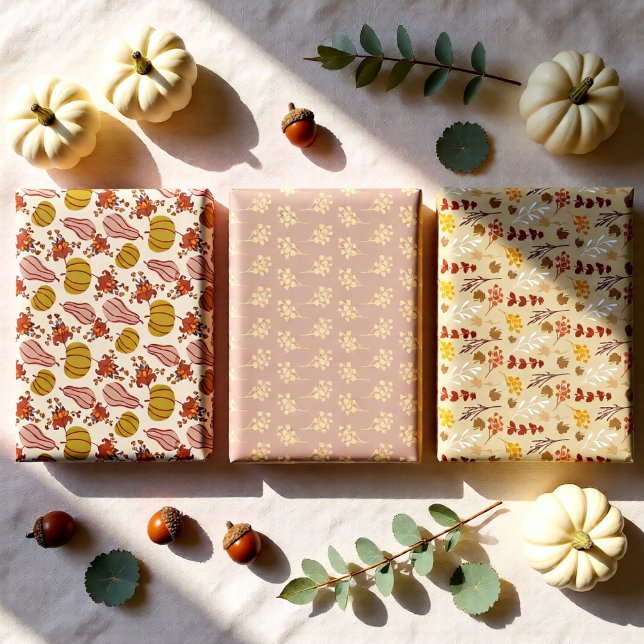 Autumn Pumpkin and Floral Fall Set of 3 Wrapping Paper Sheet (Autumn Pumpkin and Floral Fall Set of 3 Wrapping Paper Sheets)