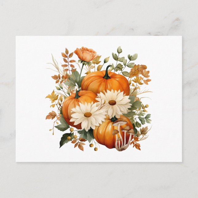 Autumn Pumpkin and Flower Illustration  Holiday Postcard (Front)