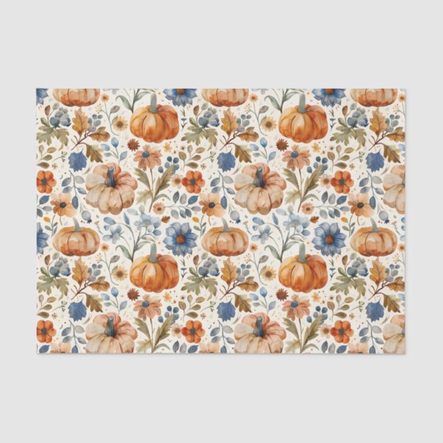 Autumn Pumpkin and Flowers Fall Decoupage Tissue Paper (Front)