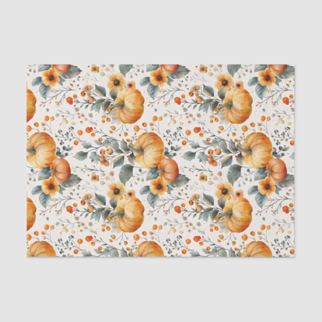 Autumn Pumpkin and Flowers Fall Decoupage Tissue Paper (Front)