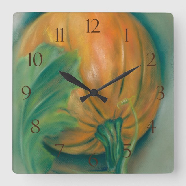 Autumn Pumpkin and Leaf Pastel Square Wall Clock (Front)