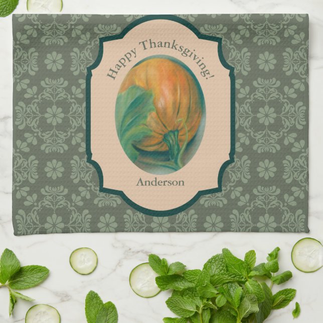 Autumn Pumpkin and Leaf Personalised Thanksgiving Tea Towel (Folded)