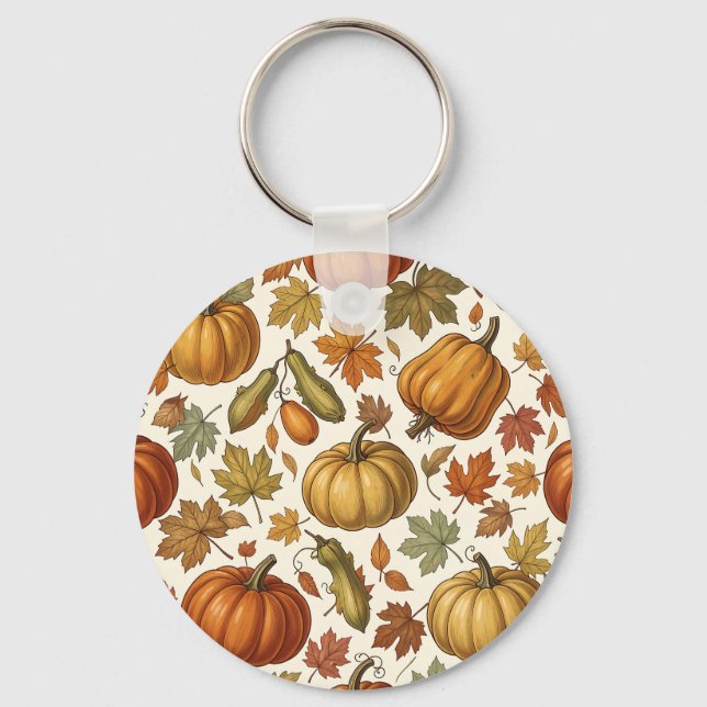 Autumn Pumpkin and Leaf Seamless Pattern  Key Ring (Front)