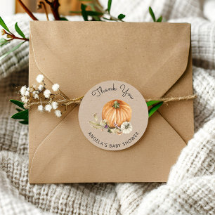 Autumn Pumpkin And Leaves Baby Shower Classic Round Sticker
