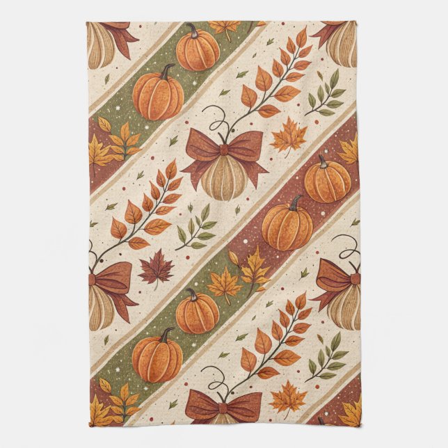 Autumn Pumpkin and Leaves Fall Pattern Tea Towel (Vertical)