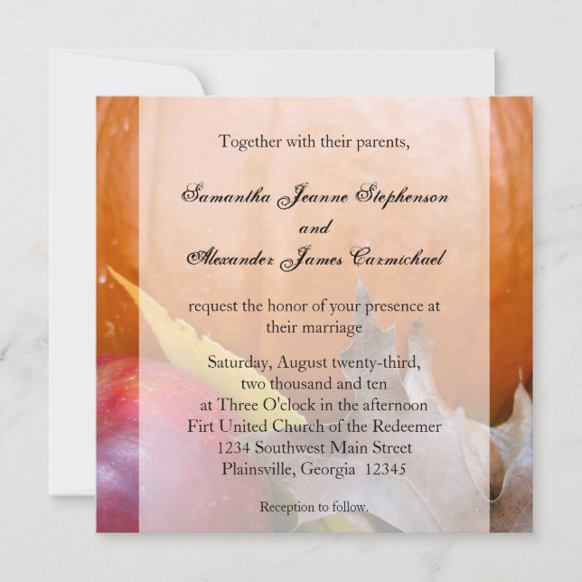 Autumn Pumpkin, Apple and Colourful Leaves Invitation (Front)