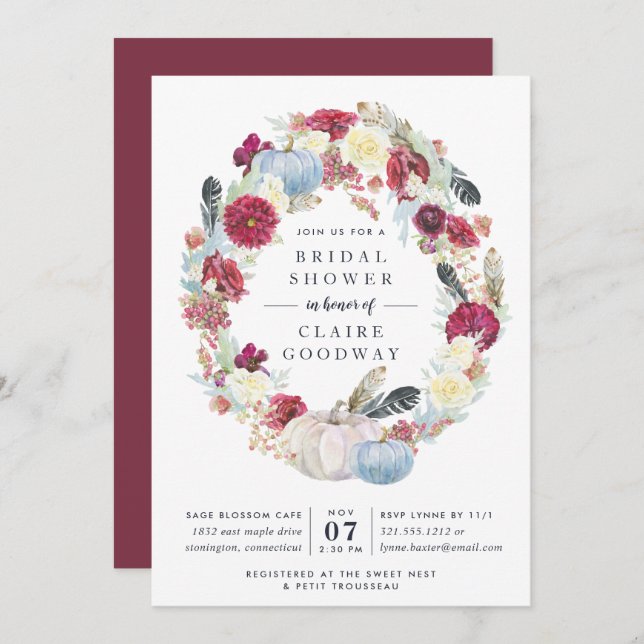 Autumn Pumpkin & Burgundy Floral Bridal Shower Invitation (Front/Back)