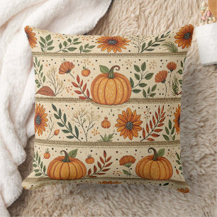 Autumn Pumpkin Chrysanthemum Orange Stripe Pattern Cushion