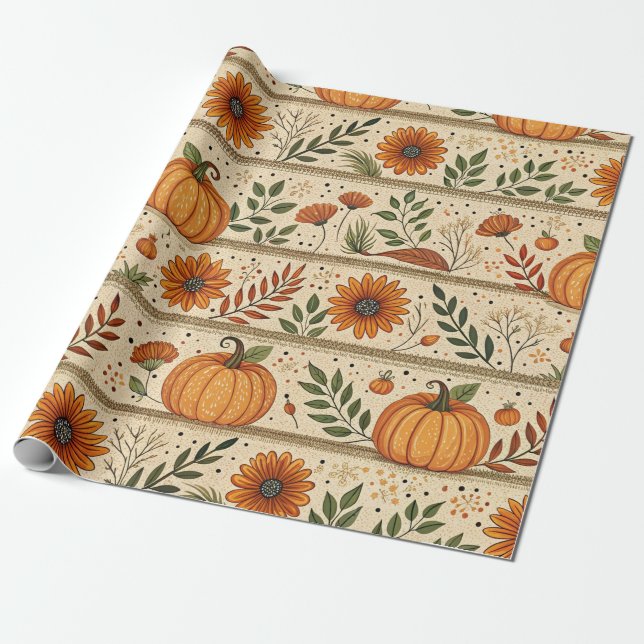 Autumn Pumpkin Chrysanthemum Orange Stripe Pattern Wrapping Paper (Unrolled)