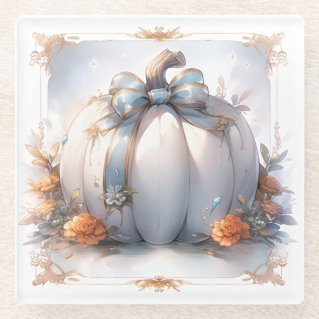 Autumn Pumpkin Coasters in Dusty Blue and Orange (Front)