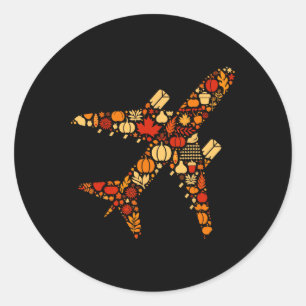 Autumn Pumpkin Fall Aeroplane Thanksgiving Womens Classic Round Sticker