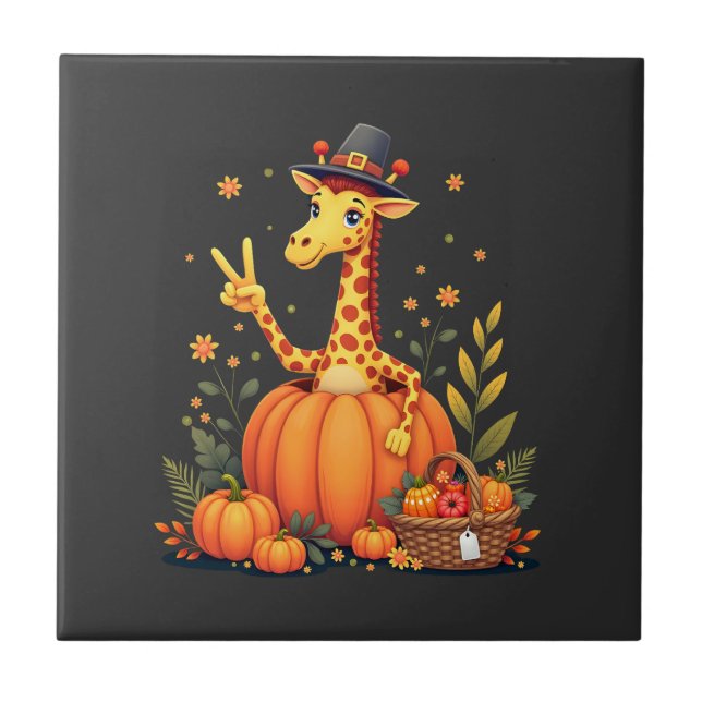 Autumn Pumpkin Fall Giraffe Thanksgiving Womens Me Ceramic Tile (Front)