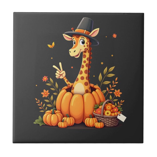 Autumn Pumpkin Fall Giraffe Thanksgiving Womens Me Ceramic Tile (Front)