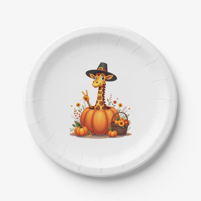 Autumn Pumpkin Fall Giraffe Thanksgiving Womens Me Paper Plate (Front)