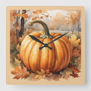 Autumn Pumpkin & Fall Leaves Square Wall Clock