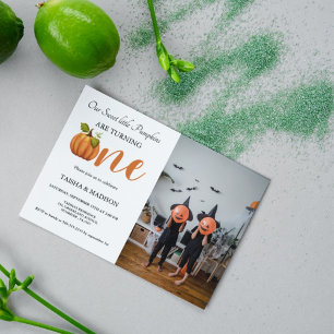 Autumn pumpkin fall Twins first birthday party  Invitation