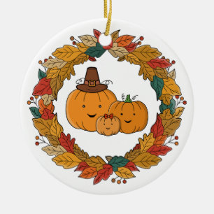 Autumn Pumpkin Family Wreath Ceramic Ornament