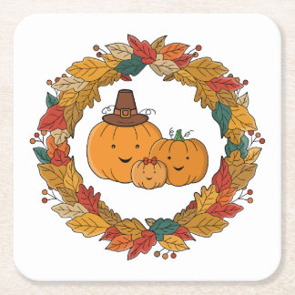 Autumn Pumpkin Family Wreath Square Paper Coaster