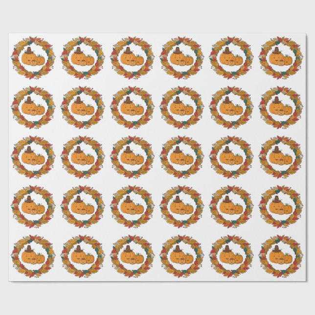Autumn Pumpkin Family Wreath Wrapping Paper (Flat)