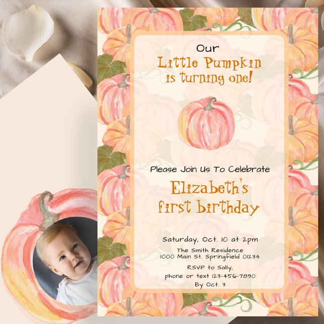 Autumn Pumpkin First Birthday Custom Photo Invitation (Creator Uploaded)