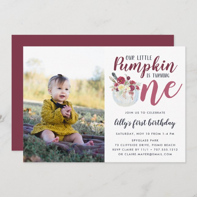 Autumn Pumpkin First Birthday Party Photo Invitation (Front/Back)