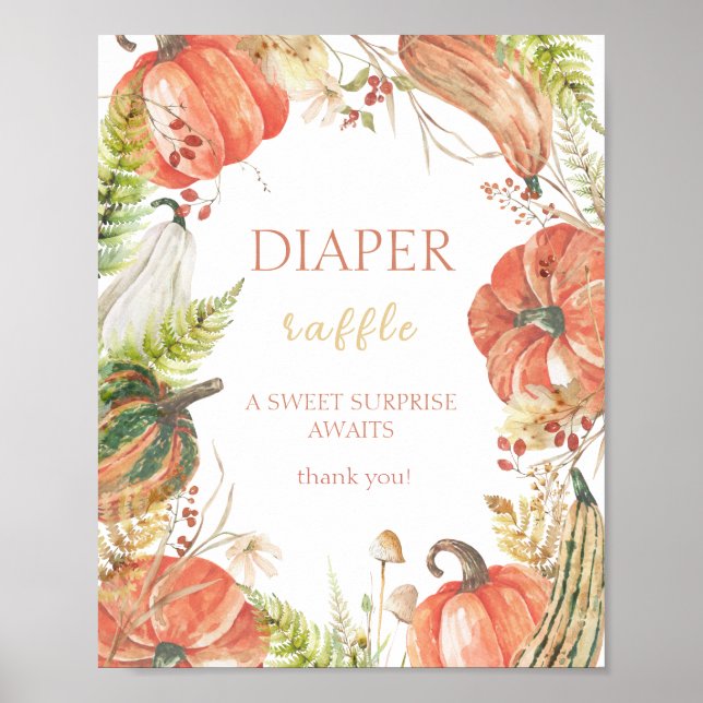 Autumn Pumpkin Floral Baby Shower Diaper Raffle  Poster (Front)