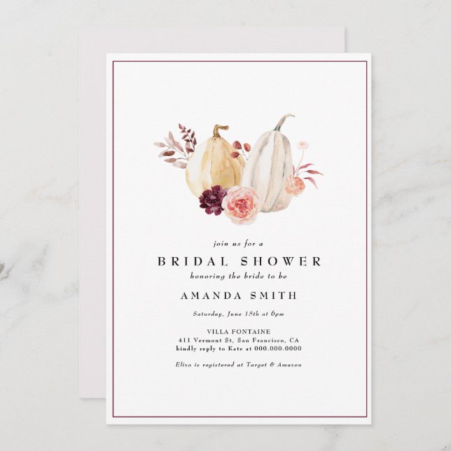 Autumn Pumpkin Floral Blush Pink Bridal Shower Invitation (Front/Back)