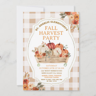 Autumn Pumpkin Floral Gingham Fall Harvest Party Invitation