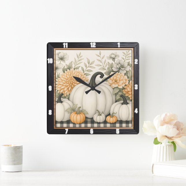 Autumn Pumpkin Floral Harvest  Square Wall Clock (Home)