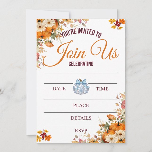 Autumn Pumpkin Floral Invitation (Front)
