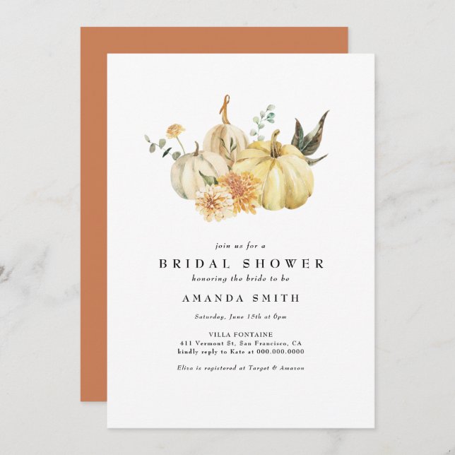 Autumn Pumpkin Floral Orange Bridal Shower Invitation (Front/Back)