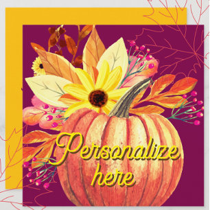 Autumn pumpkin floral orange purple wine flat card