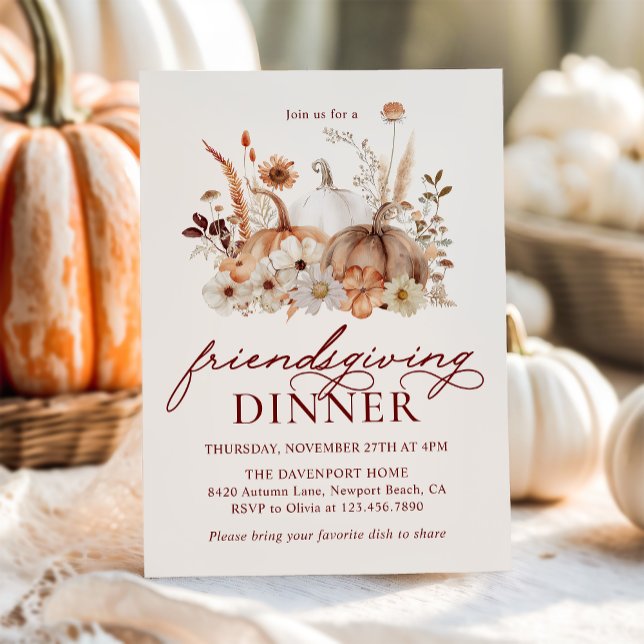 Autumn Pumpkin Floral Rustic Friendsgiving Dinner Invitation (Creator Uploaded)