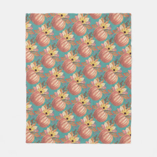 Autumn pumpkin floral terracotta orange and teal  fleece blanket