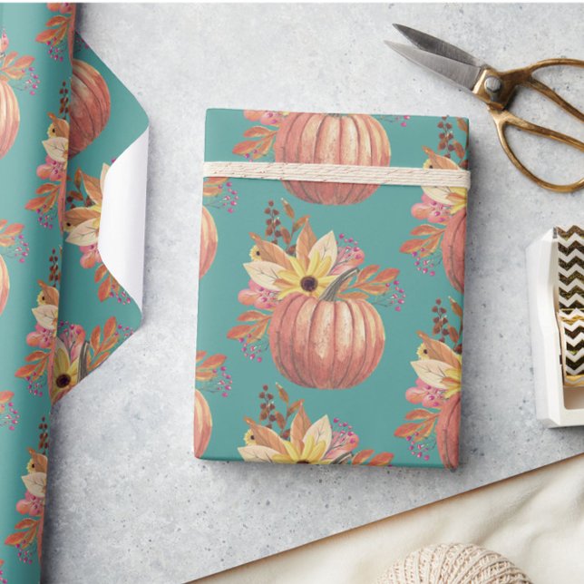 Autumn pumpkin floral terracotta orange and teal  wrapping paper (Creator Uploaded)