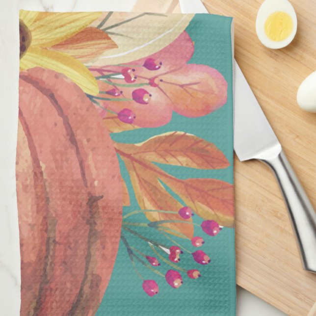 Autumn pumpkin floral terracotta orange teal tea towel (Creator Uploaded)