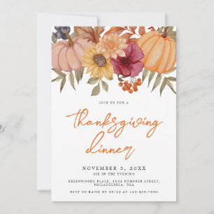 Autumn Pumpkin Floral Thanksgiving Dinner Invitation