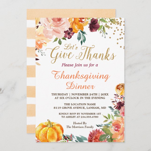 Autumn Pumpkin Give Thanks Thanksgiving Dinner Invitation (Front/Back)