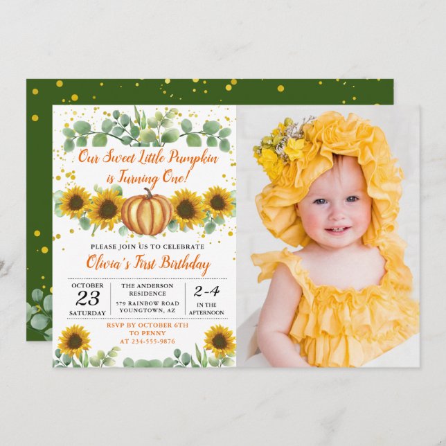 Autumn Pumpkin Greenery Sunflowers Birthday Photo Invitation (Front/Back)