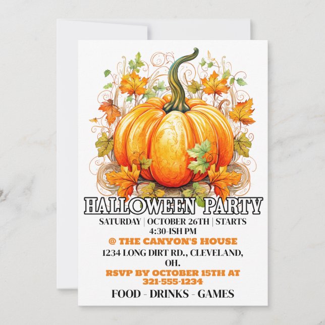 Autumn Pumpkin Happy Halloween Party Invitations (Front)
