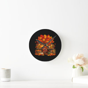 Autumn Pumpkin Harvest Red Maple Leaves Fall Round Clock