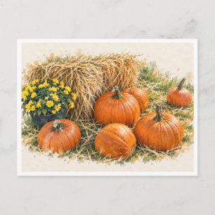 Autumn Pumpkin Harvest Watercolor Postcard
