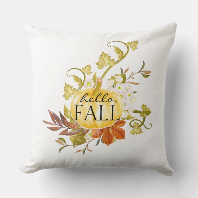 Autumn Pumpkin Hello Fall Throw Pillow (Front)